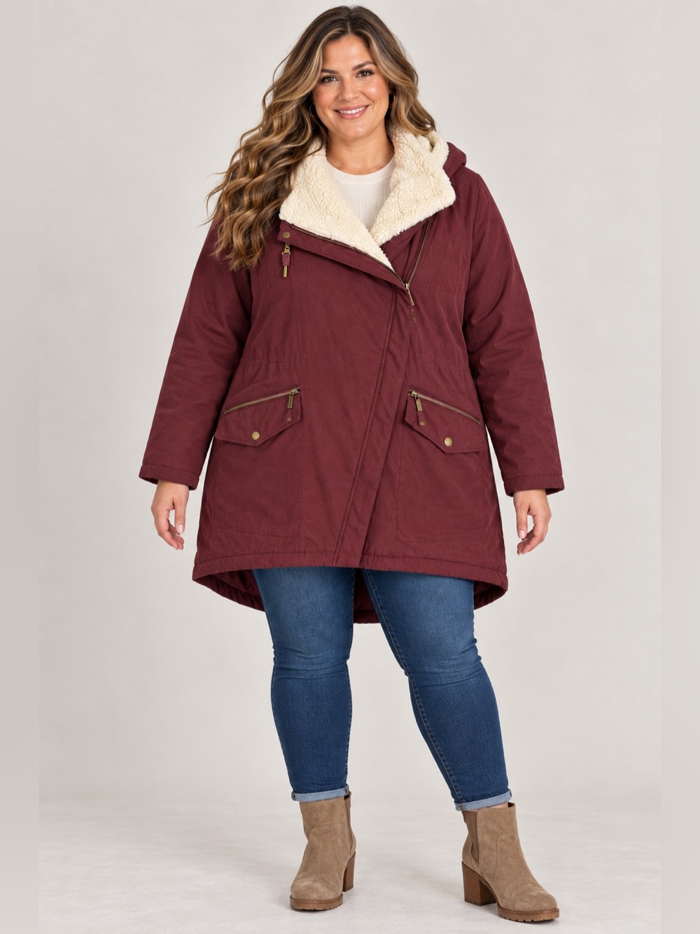 CoffeeShop NY Burgundy Asymmetrical Zip Sherpa Lined Parka Jacket XXL